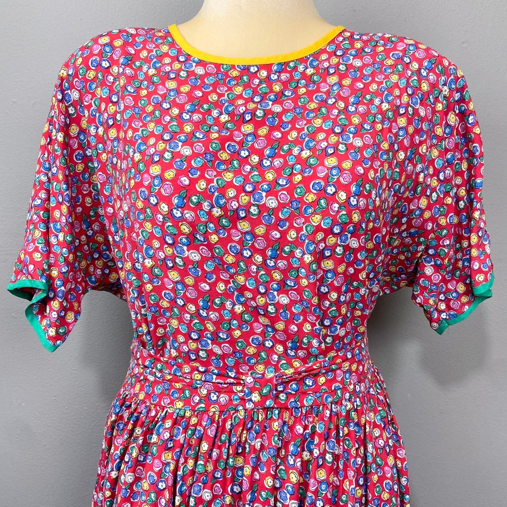 Vintage 80s 90s Justin B Jones Floral Skirt Set Dress Sz L Red Floral Retro Twee
